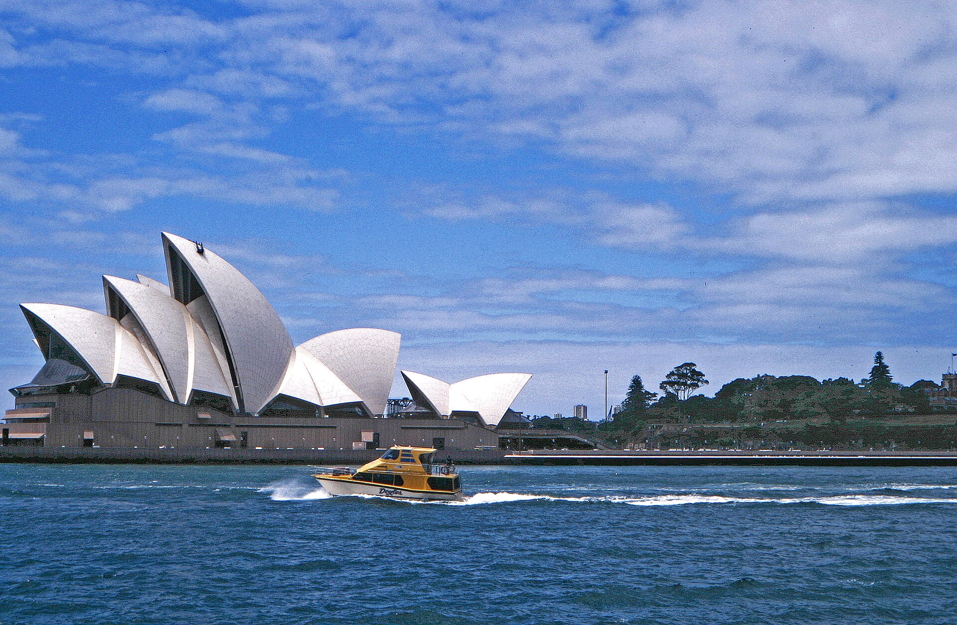 White shell roofs of the Sydney Opera House on the harbour.