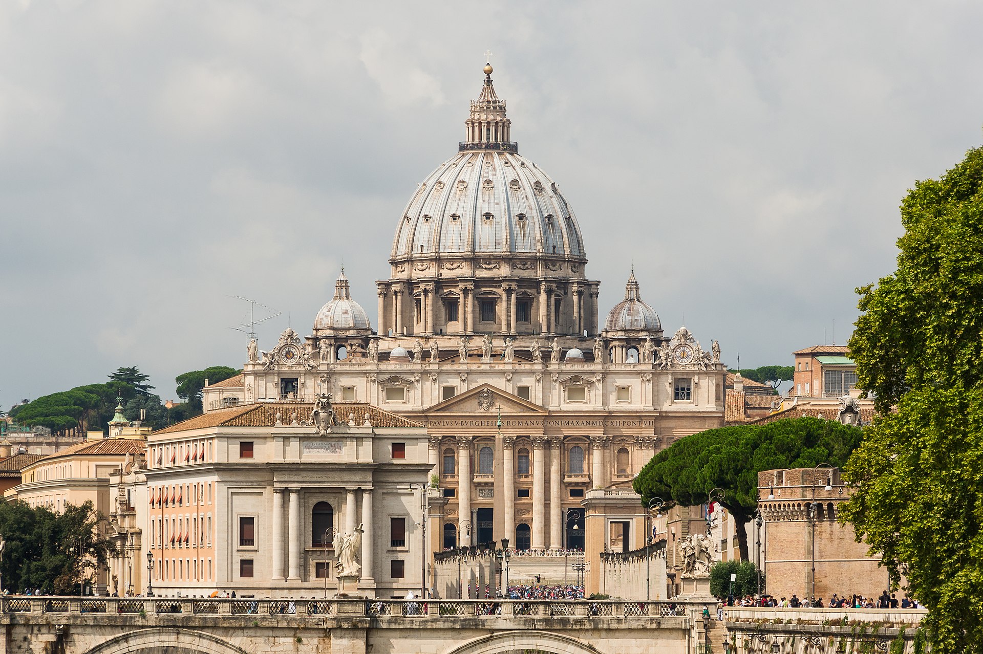 Facade and dome of St Peter's Basilica in Vatican City.
