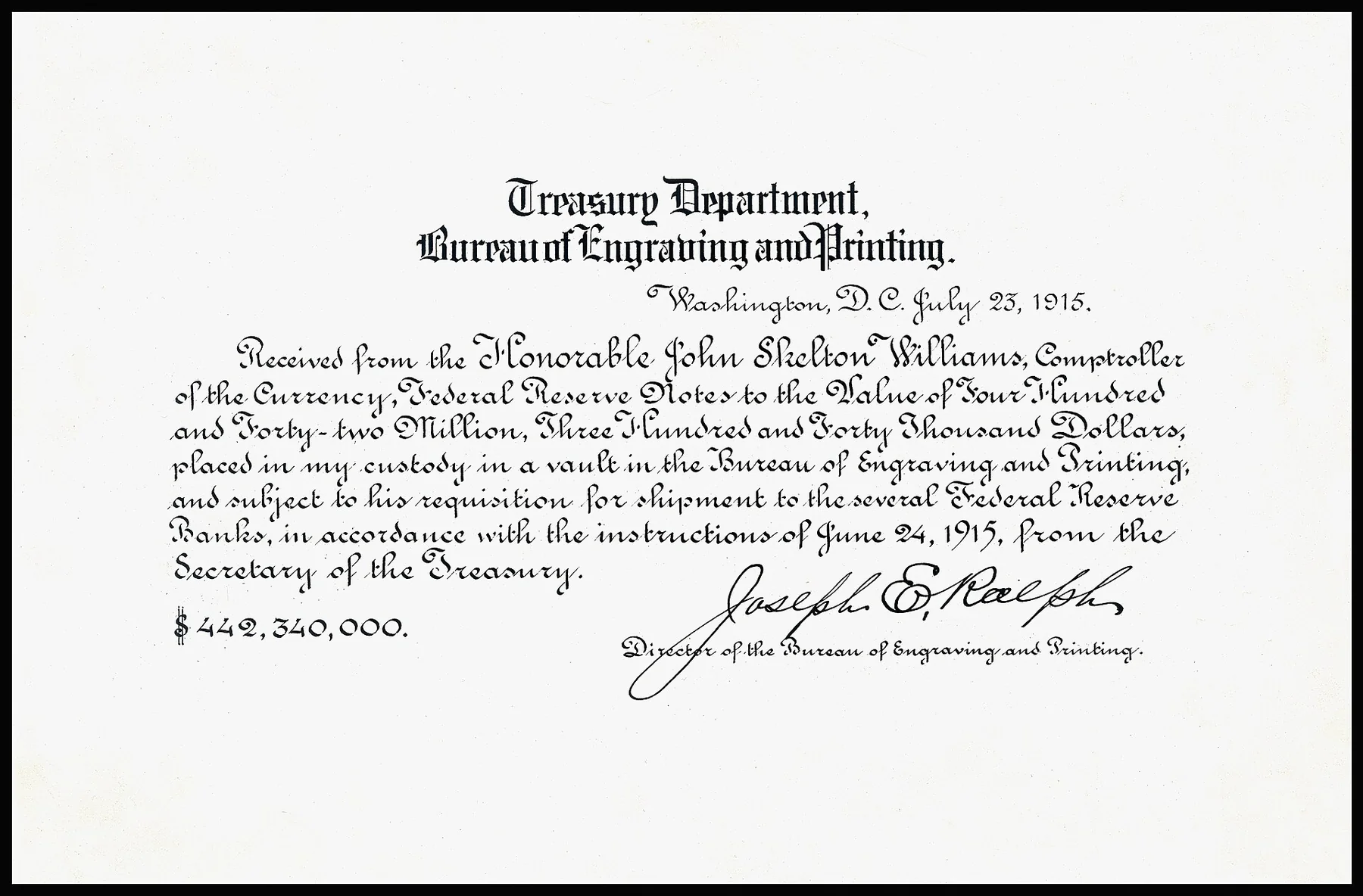 US-BEP-Receipt for currency (23 July 1915), an archival visual related to Why Do We Get Receipts.