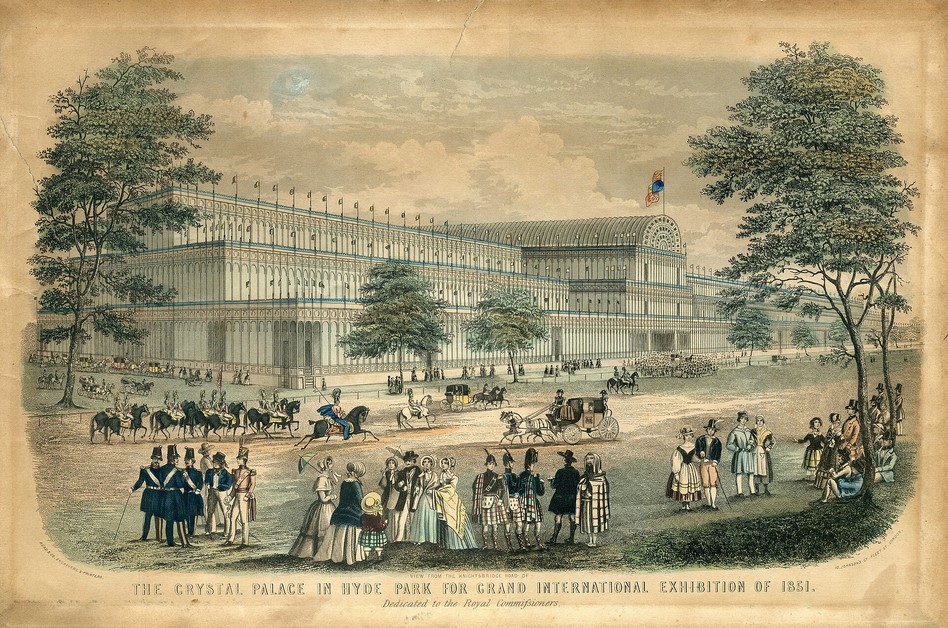 Historic engraving of the Crystal Palace with crowds outside.