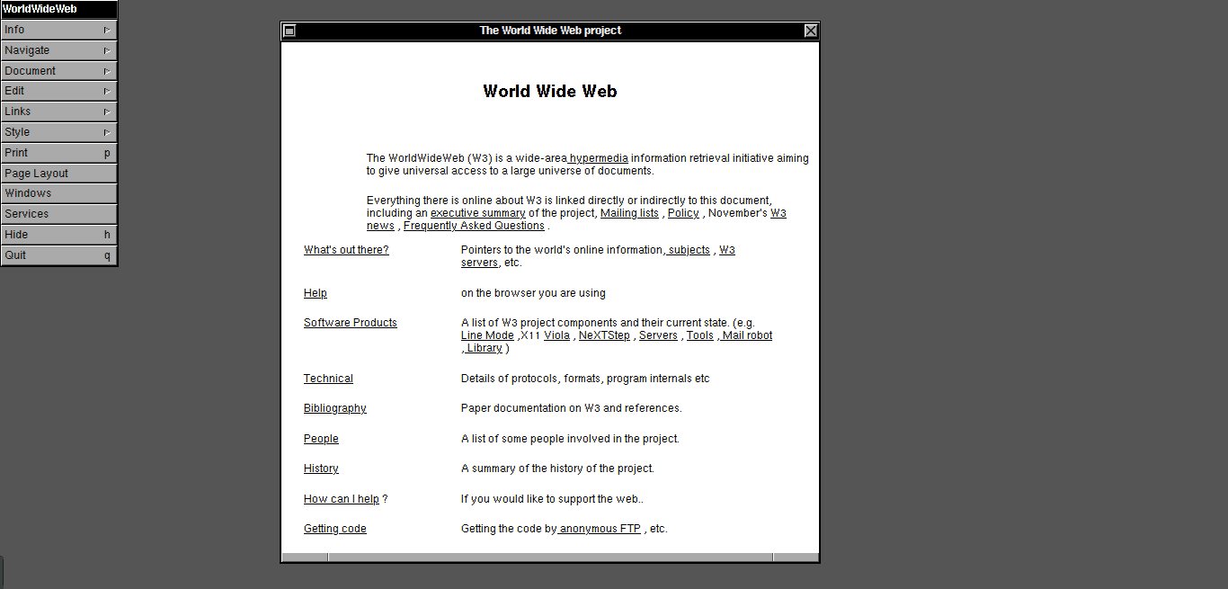 A screenshot of the first World Wide Web website at info.cern.ch.