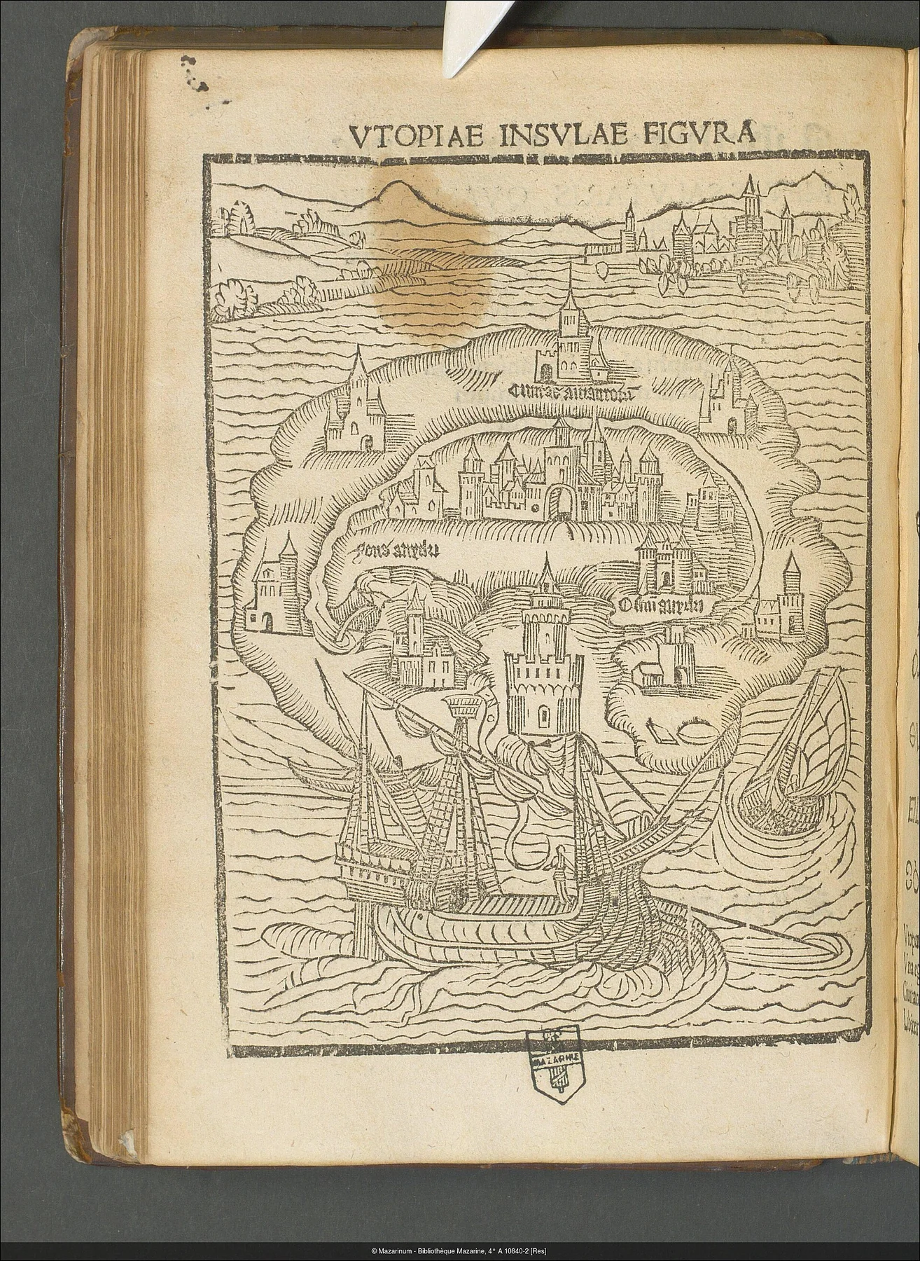 Thomas More Utopia 1516 VTOPIAE INSVLAE FIGVRA (Bibliothèque Mazarine), an archival visual related to Where Did the Word “Utopia” Come From.
