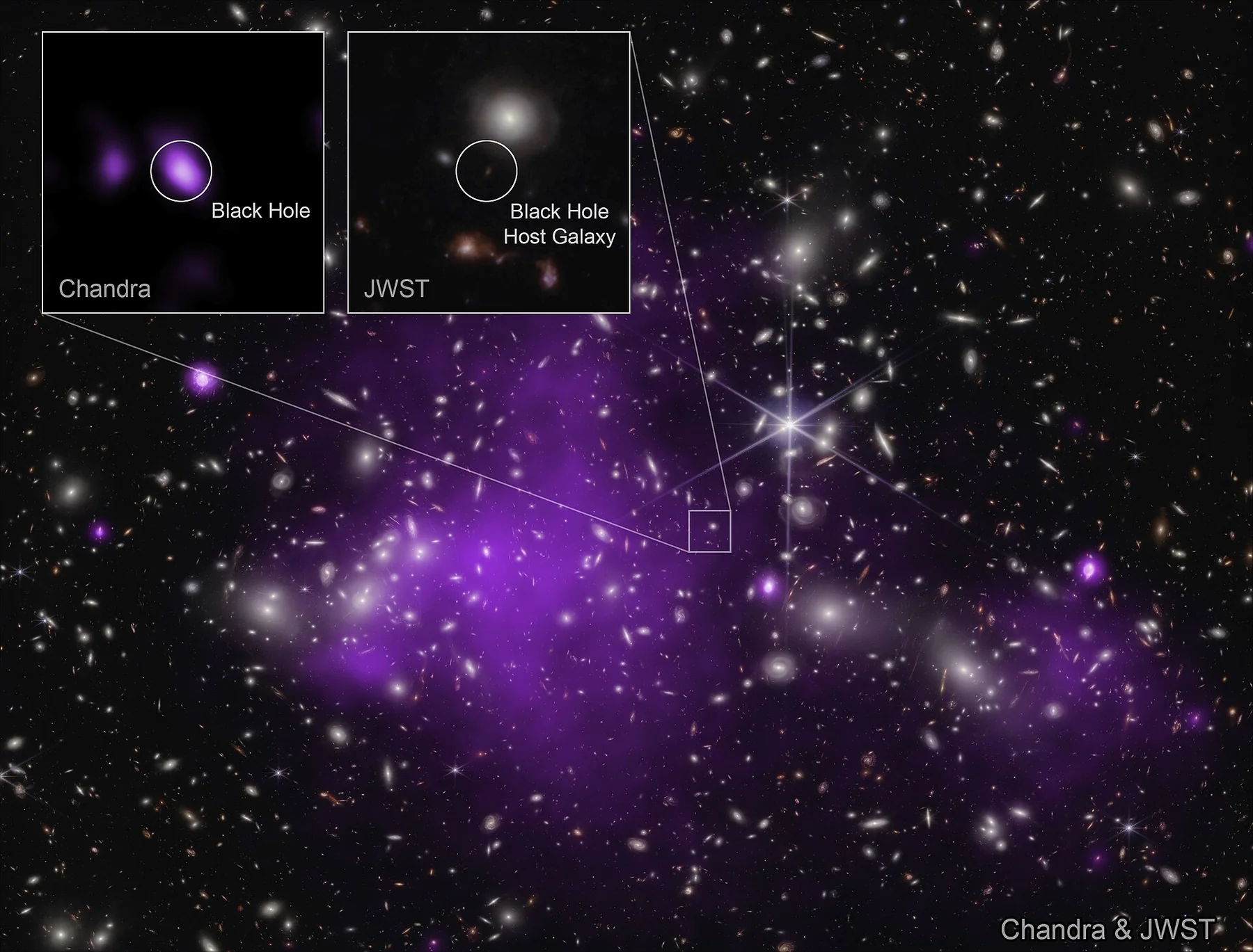 NASA Telescopes Discover Record-Breaking Black Hole (pandora-cluster-nircam-image), an archival visual related to What Happens Inside a Black Hole.