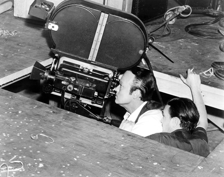 Behind-the-scenes low-angle camera setup during the filming of Citizen Kane.