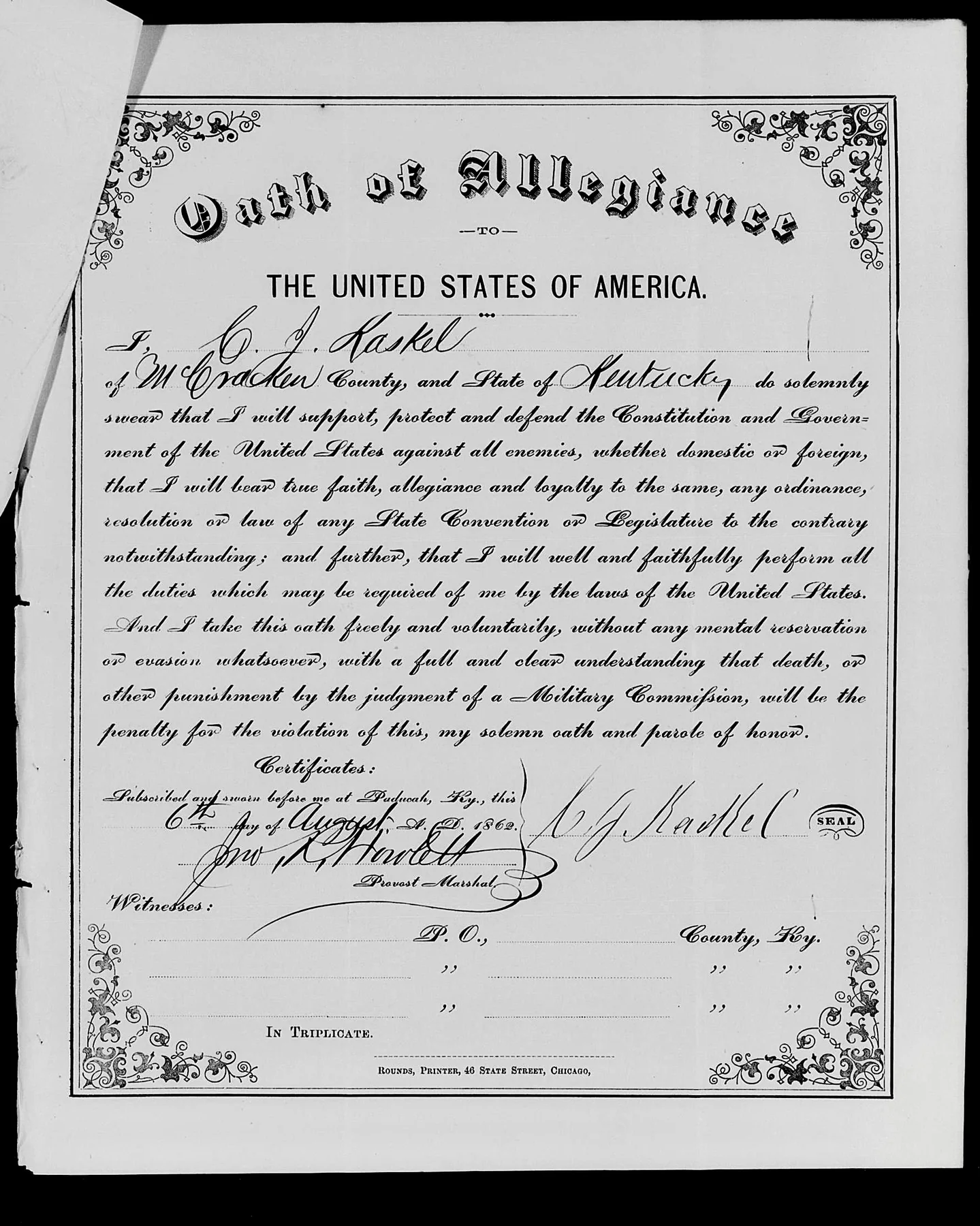 "United States Passport Applications, 1795-1925", Entry for C J Kaskel, 06 Aug 1862, an archival visual related to Why Do We Have Passports.