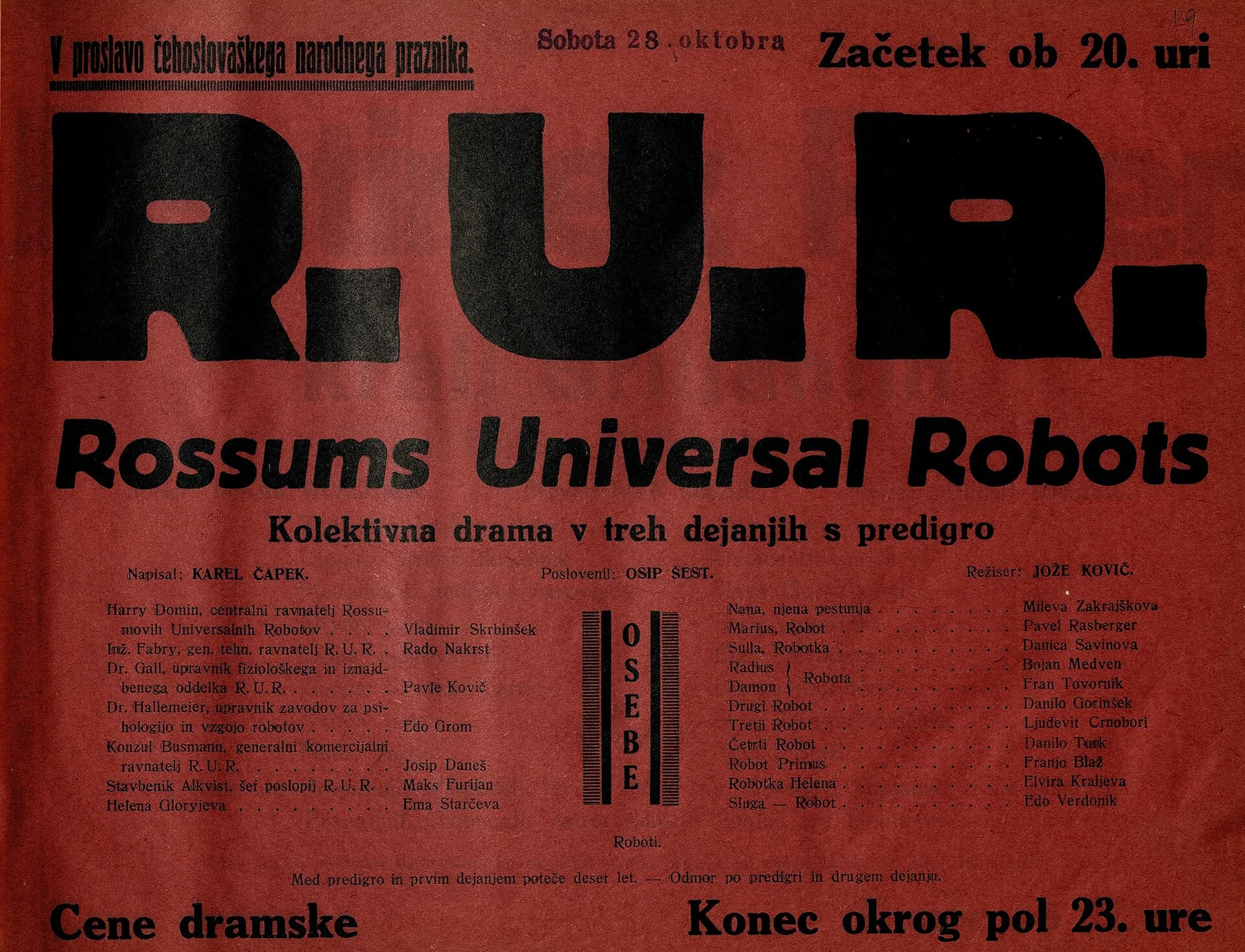 Plakat za predstavo R.U.R Rossmus Universal Robots v Narodnem gledališču v Mariboru 28. oktobra 1933, an archival visual related to Where Did the Word “Robot” Come From.