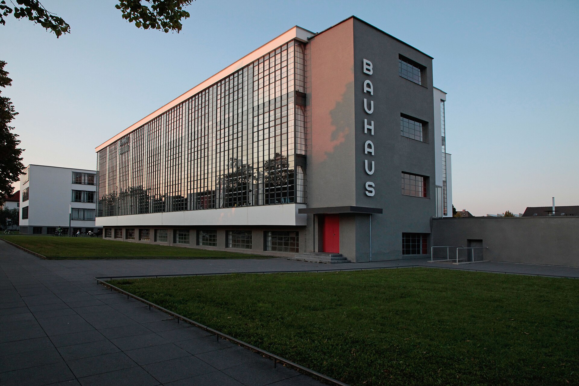 Glass curtain wall of the Bauhaus building in Dessau.