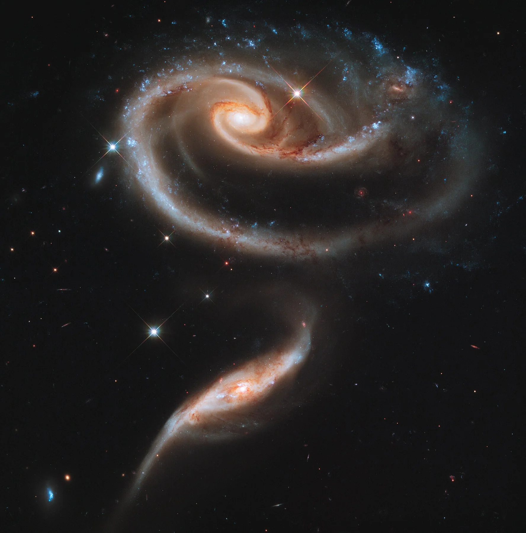UGC 1810 and UGC 1813 in Arp 273 (captured by the Hubble Space Telescope), an archival visual related to Why Does Gravity Exist.