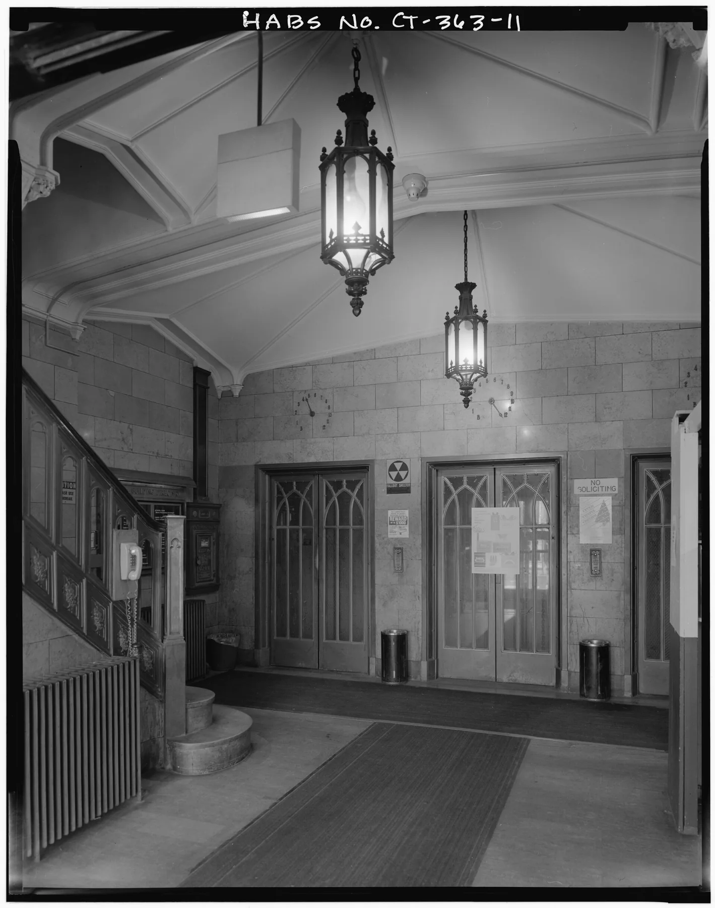 FIRST FLOOR, LOOKING NORTHEAST, MAIN LOBBY (LEFT BAY OF FACADE) WITH ELEVATORS - Powell Building, 155-157 Church Street, New Haven, New Haven County, CT, an archival visual related to The Invention That Made the Modern City Possible.