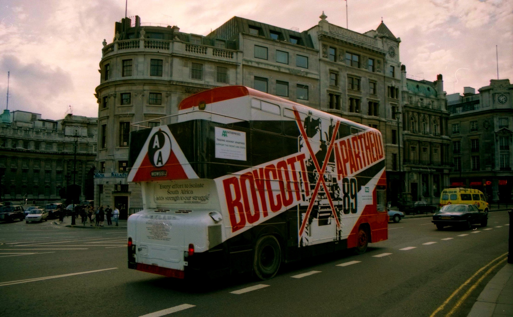 A London bus carrying a 'Boycott Apartheid' campaign advertisement in 1989.