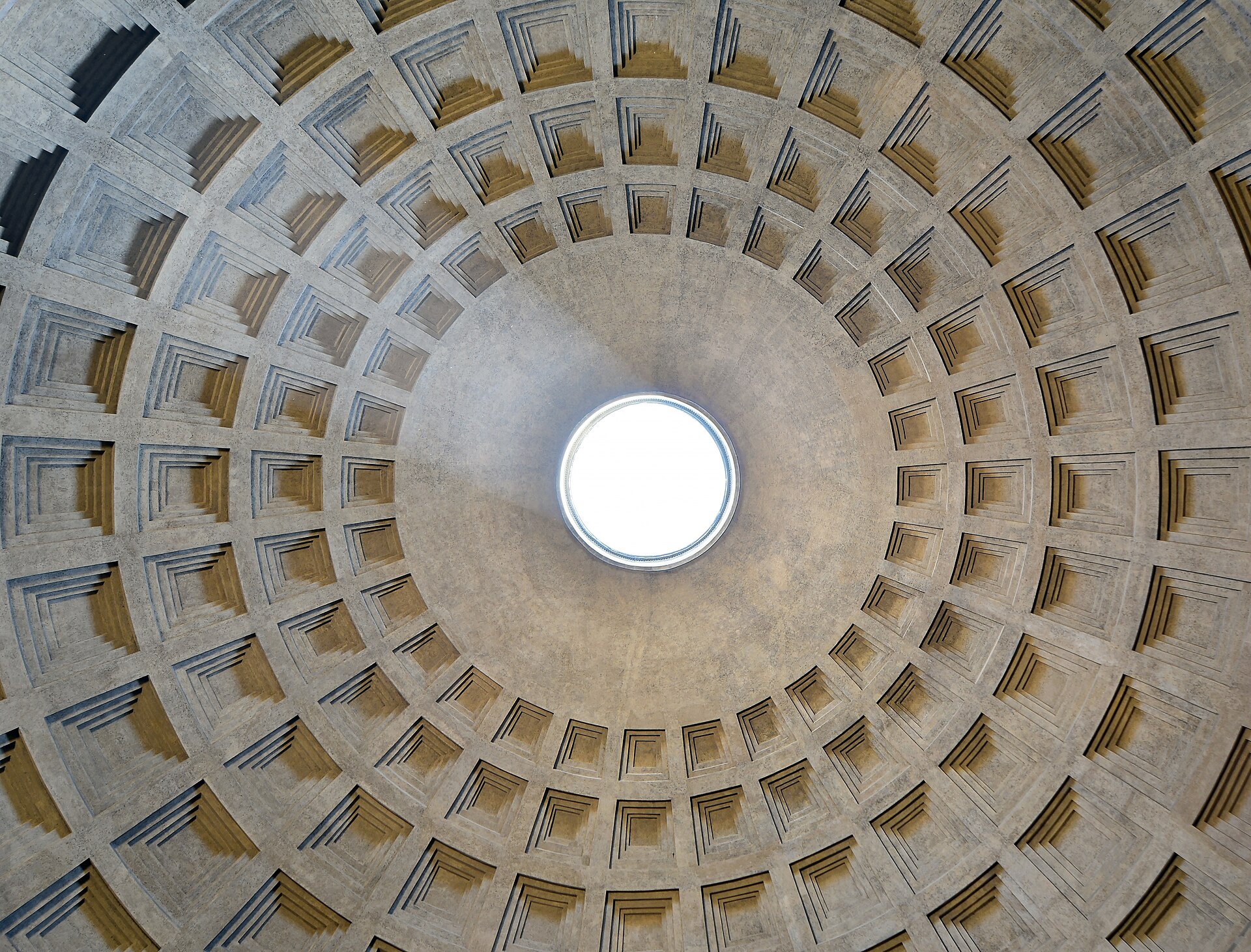 The coffered dome and central oculus inside the Pantheon.