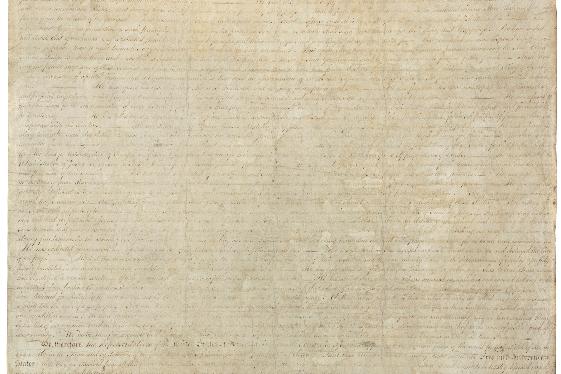 The engrossed 1776 United States Declaration of Independence.