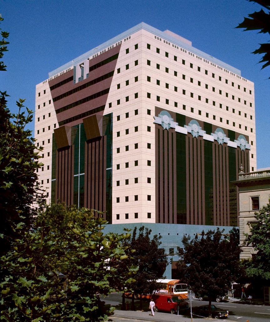 The polychrome postmodern facade of the Portland Building.