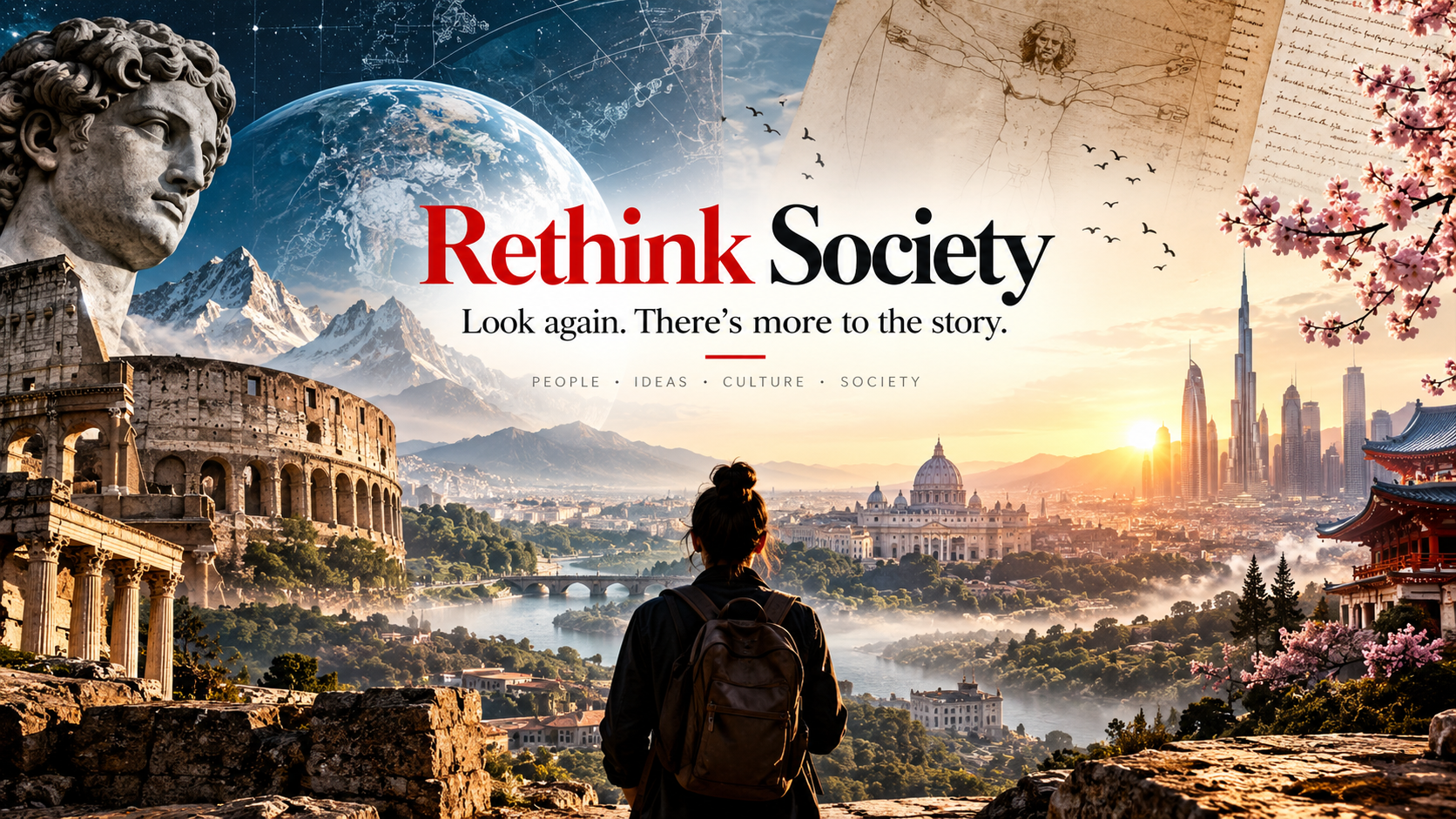 Rethink Society — Look again. There's more to the story. A collage of classical sculpture, the Earth, the Colosseum, Leonardo's Vitruvian Man, a modern skyline and a traveller looking out over a city.