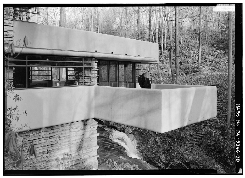 Fallingwater's cantilevered terraces extending over Bear Run.