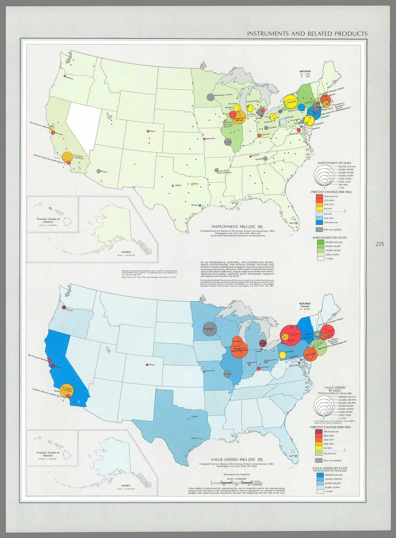 Employment : 1963 (SIC 38) / compiled from U. S. Bureau of the Census, Census of manufacturers: 1963, Washington, U. S. Govt. Print Off., 1966; and various State and national directories of manufacturers-Value added : 1963 (SIC 38) / compiled from U. S. Bureau of the Census, Census of manufacturers: 1963, Washington, U. S. Govt. Print Off., 1966., an archival visual related to What Is Time.