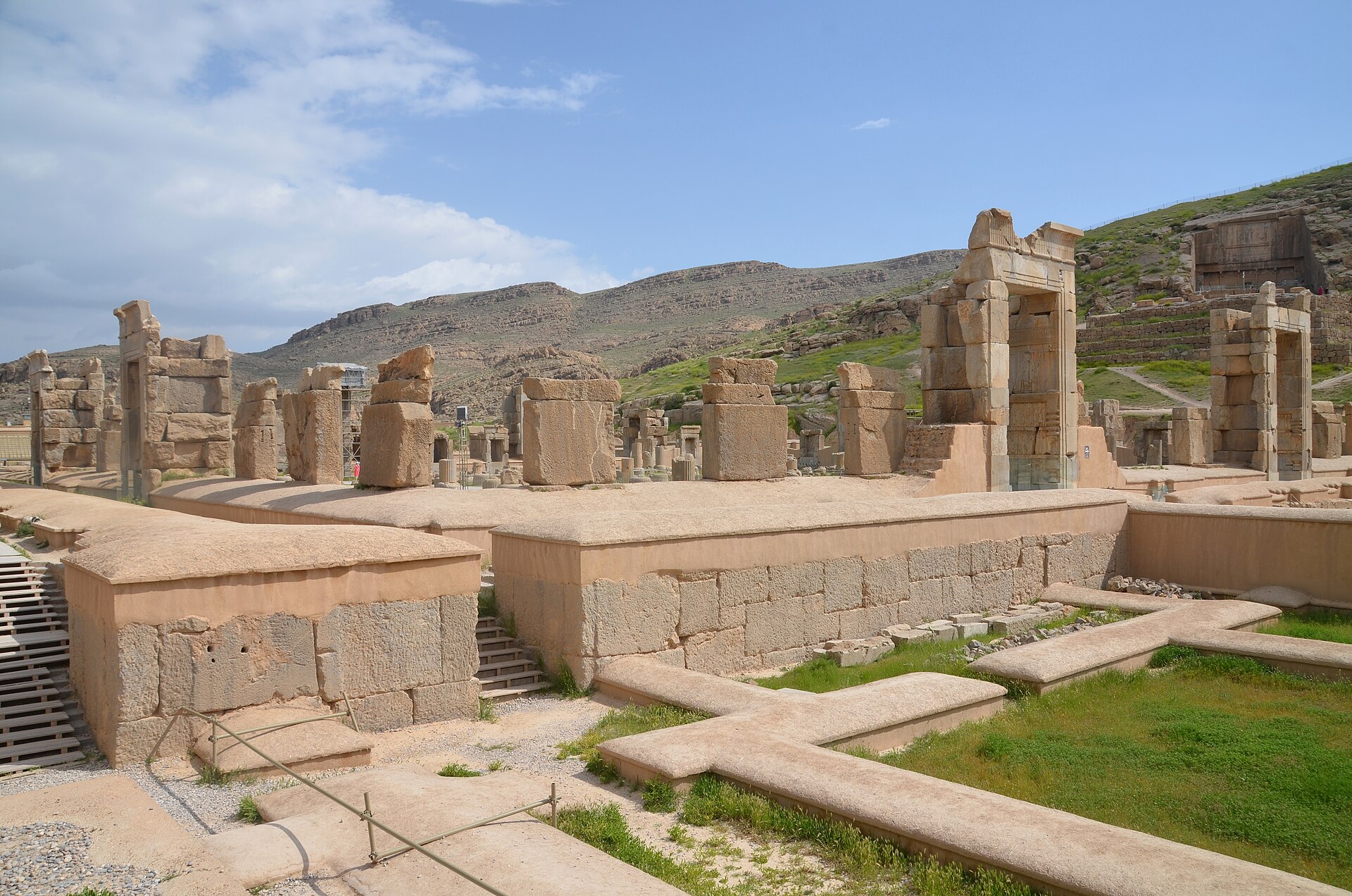 Stone columns and ruins of the Hall of Hundred Columns at Persepolis.