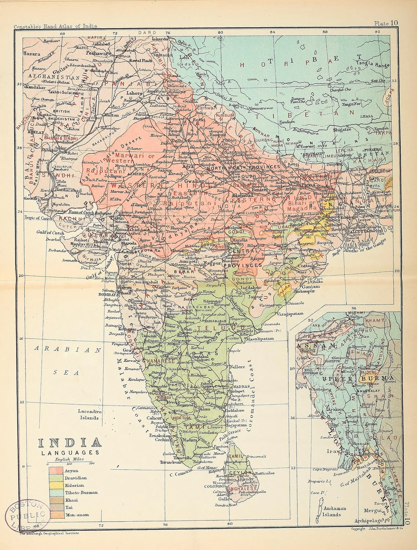 Language map of the British Indian Empire, from the Constable's Hand Atlas of India (1893), an archival visual related to How Did English Become a Global Language.