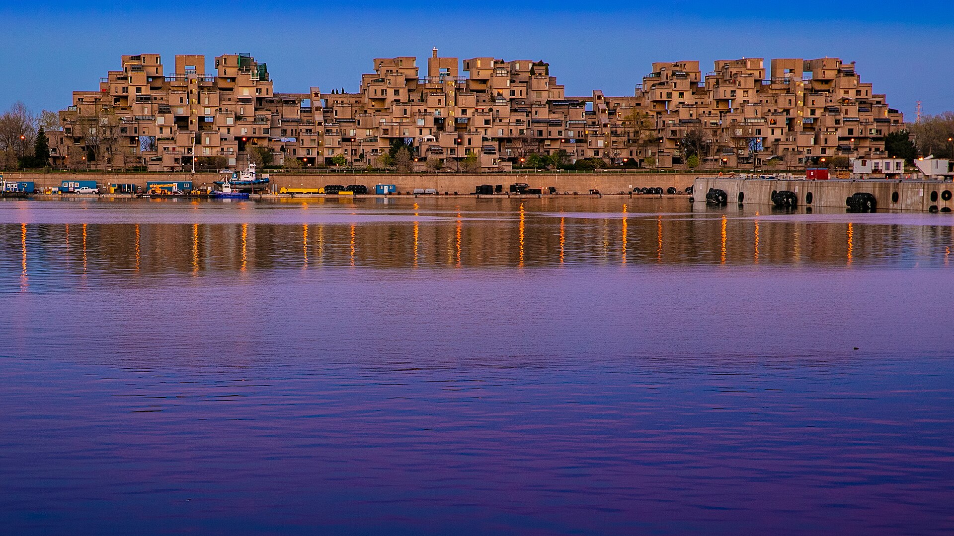 Stacked concrete housing modules of Habitat 67 in Montreal.