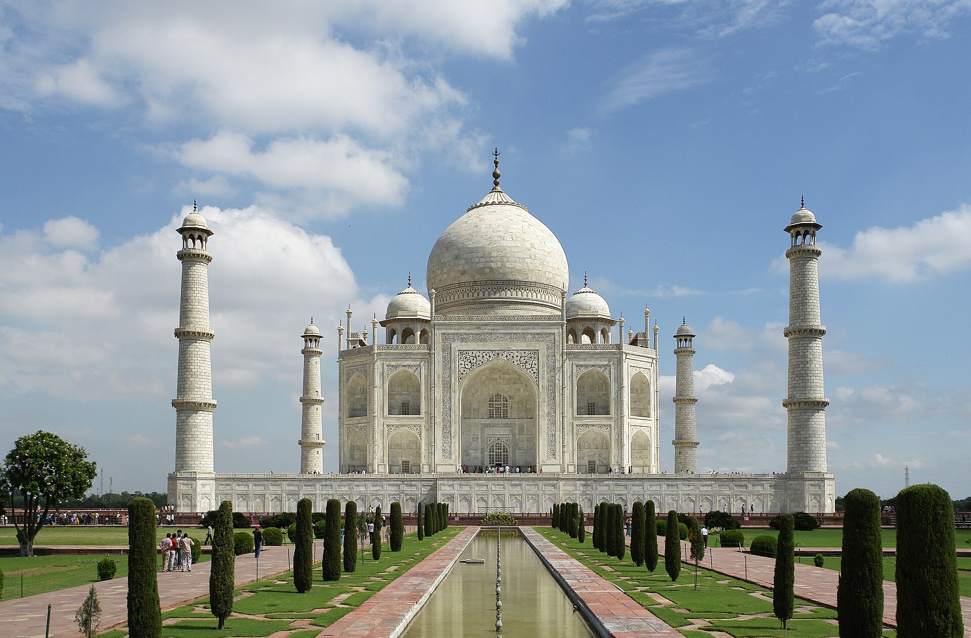 The Taj Mahal reflected in its long garden pool.