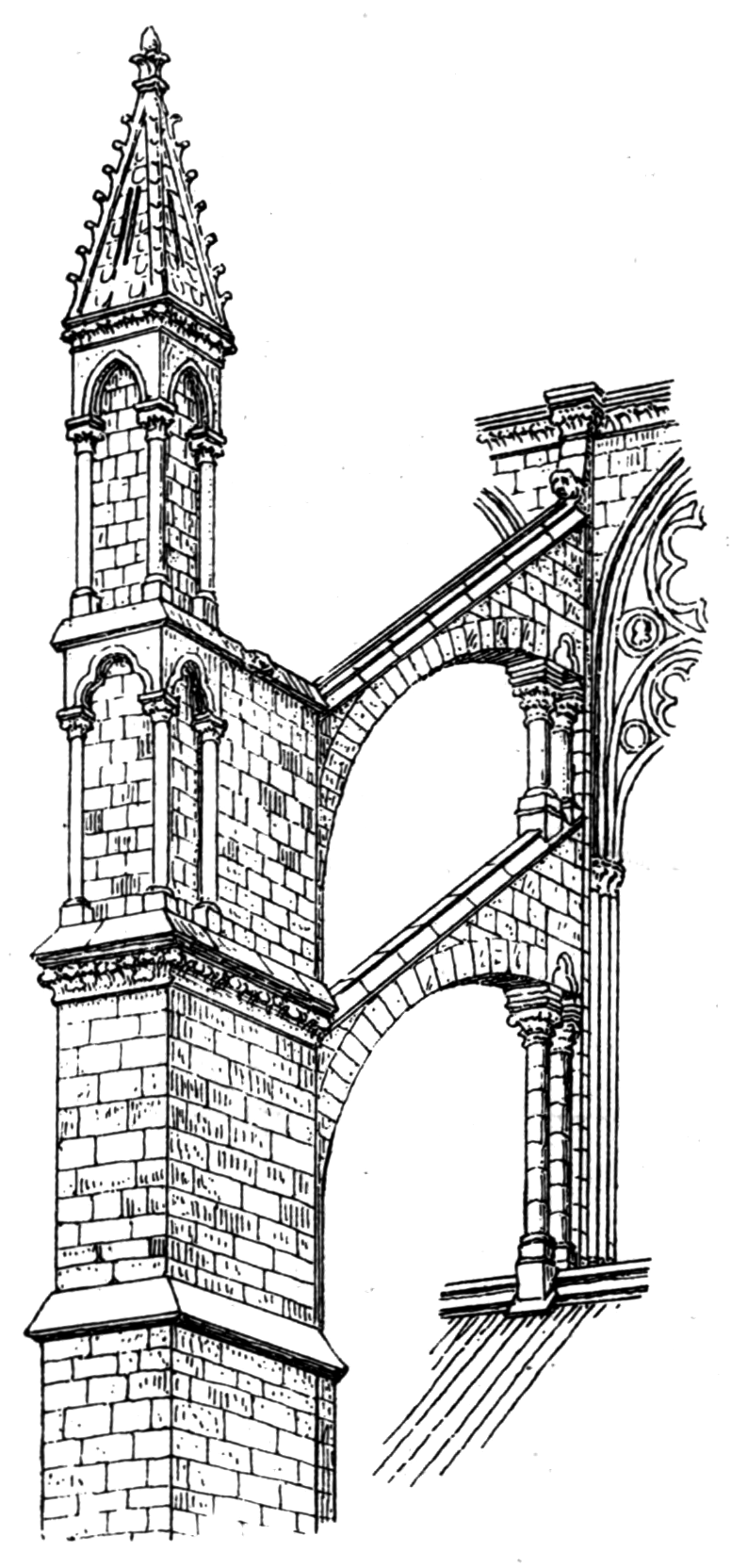 Historic diagram of a flying buttress on Amiens Cathedral.