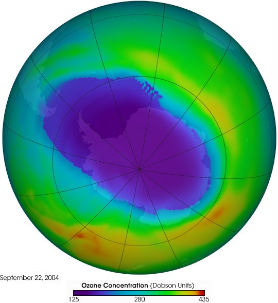 NASA satellite visualization of depleted stratospheric ozone over Antarctica in September 2004.