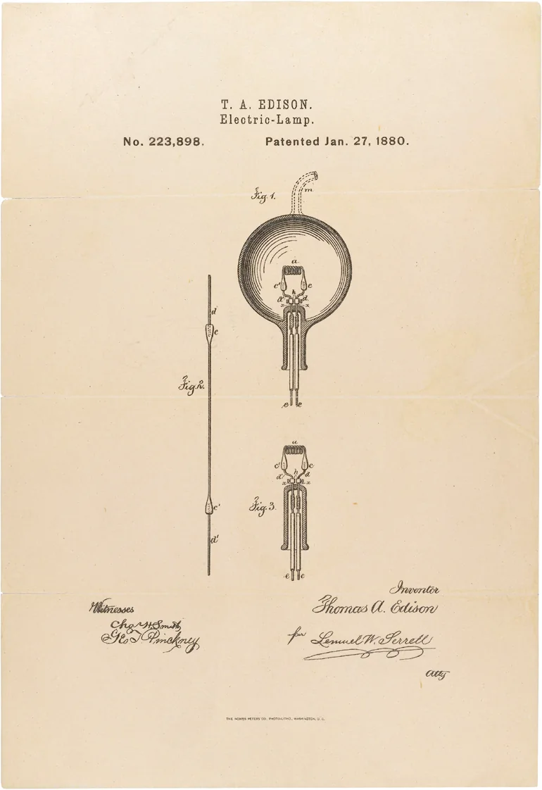 Edison-patent-light-bulb-l, an archival visual related to The Invention That Put Electricity Inside the Home.