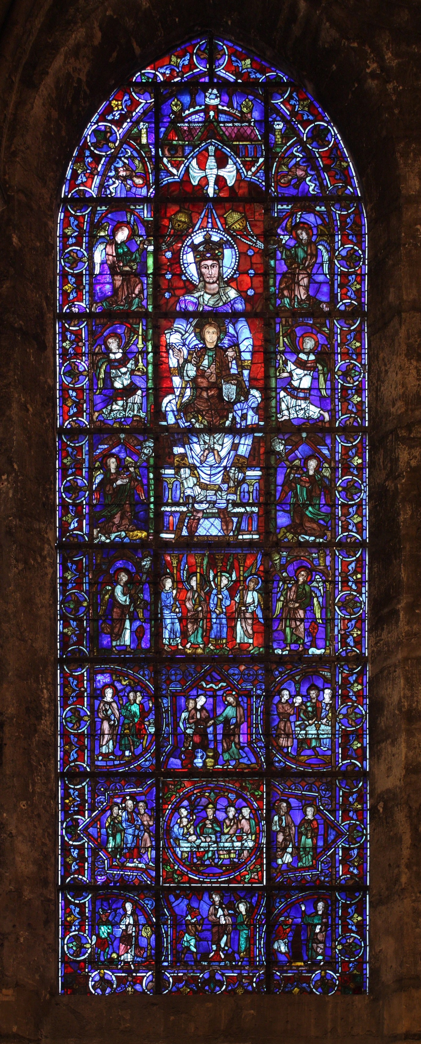 Blue stained-glass window in the choir of Chartres Cathedral.