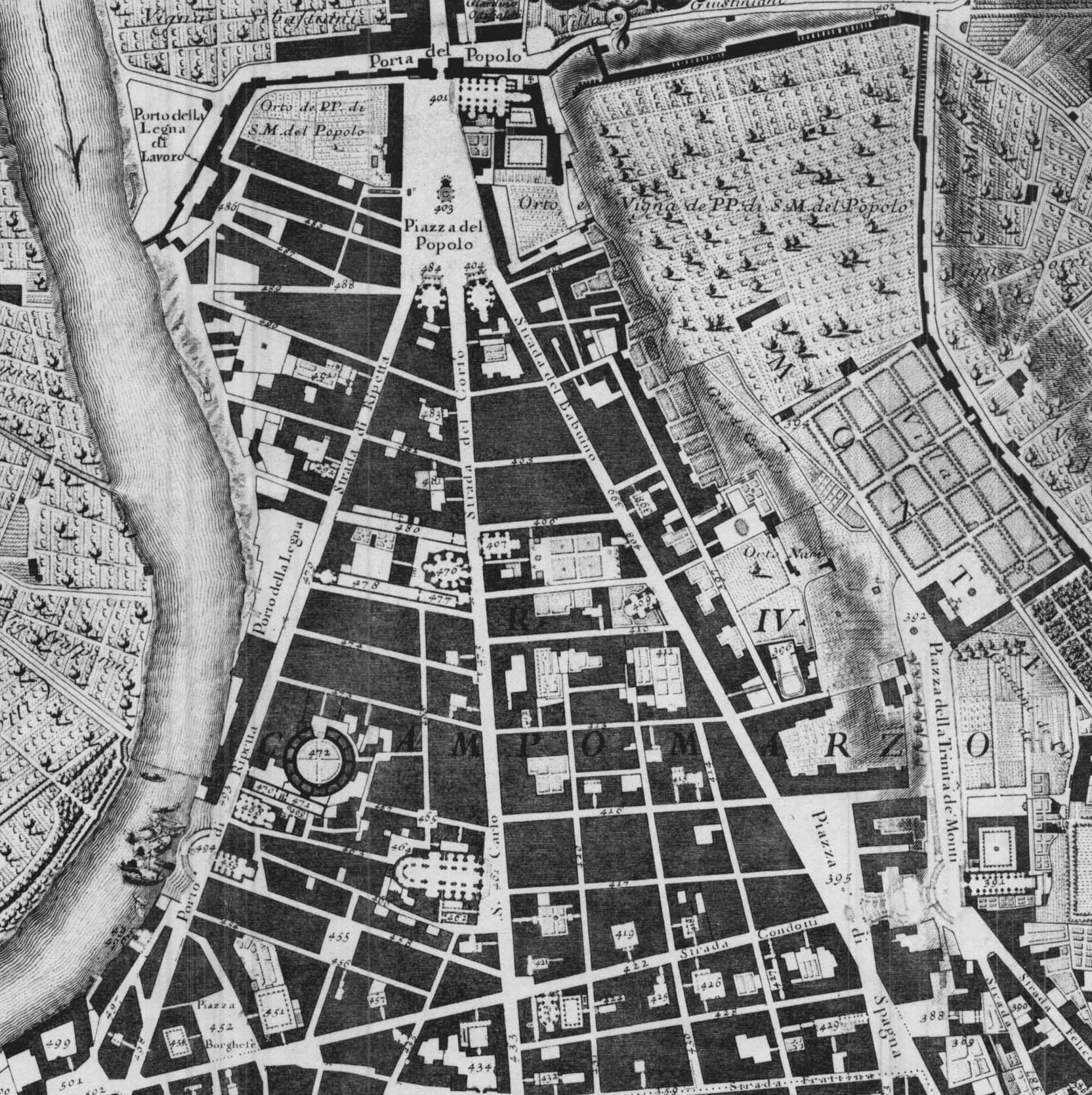 Nolli's engraved map of radiating streets at Piazza del Popolo.