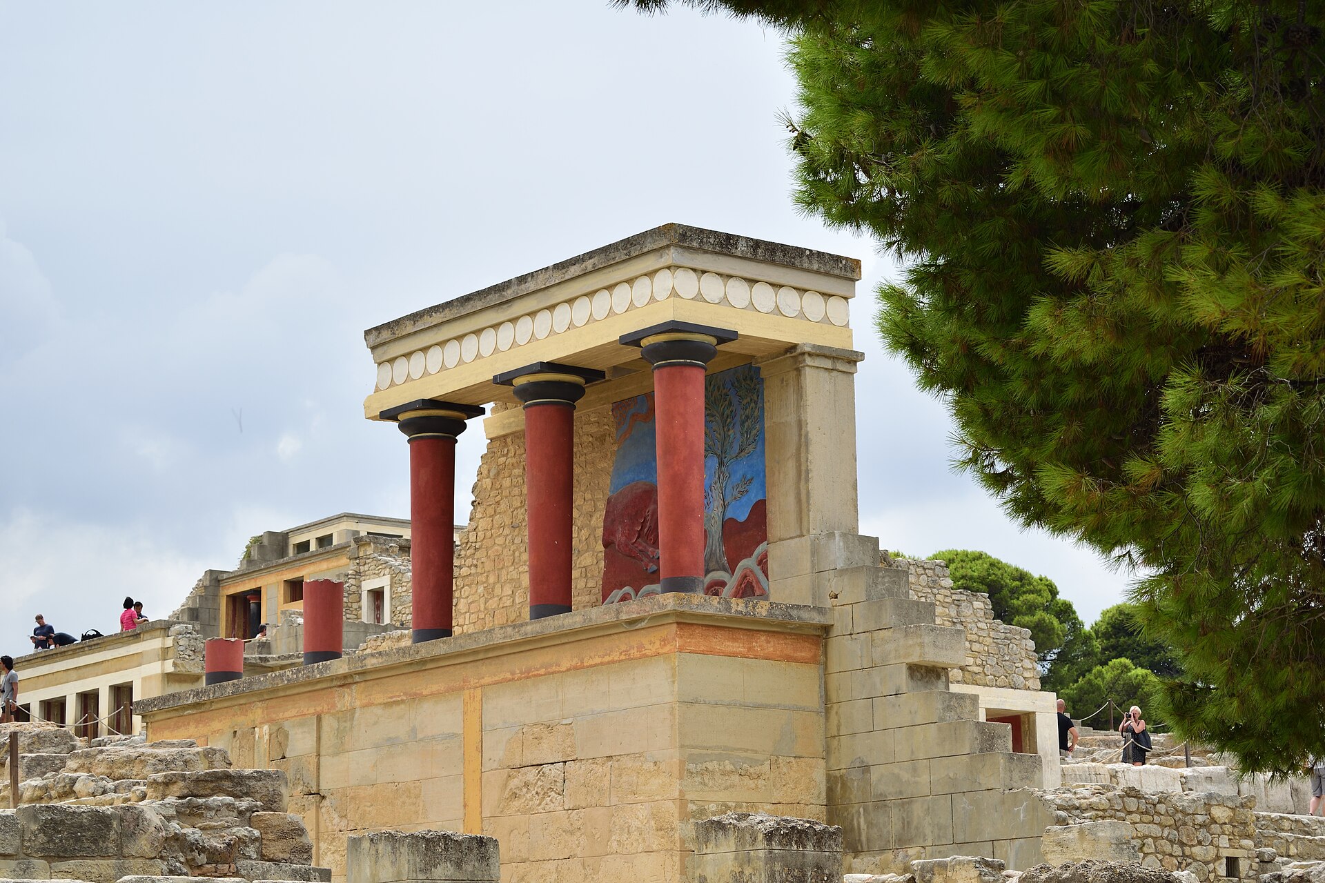 Reconstructed columns and ruins of the Minoan palace at Knossos.