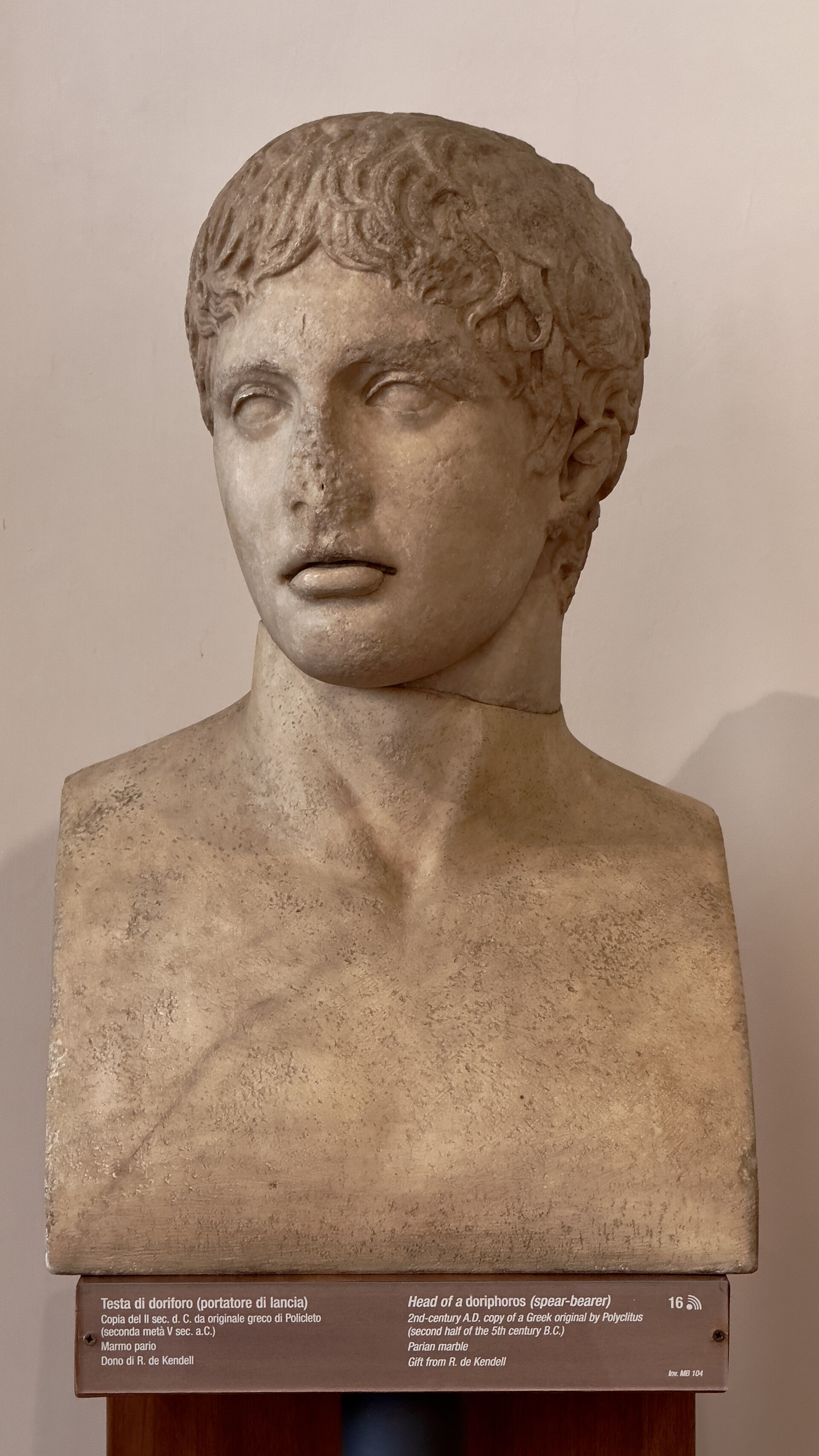 Marble head of a Doryphoros, after the Classical Greek sculptor Polykleitos, Museo Barracco, Rome.