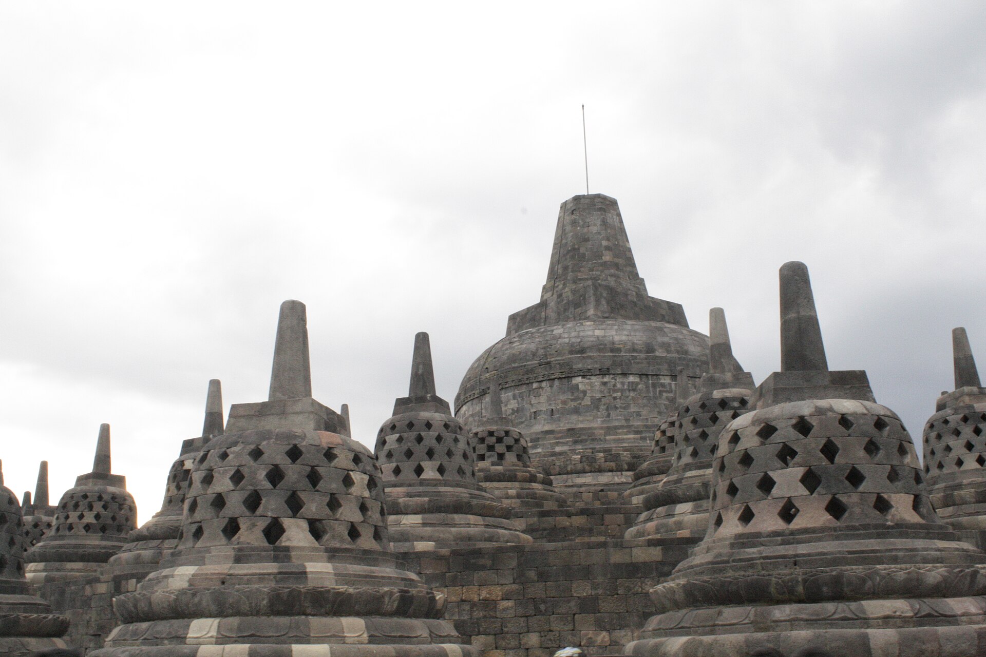 Bell-shaped stupas on the terraces of Borobudur.