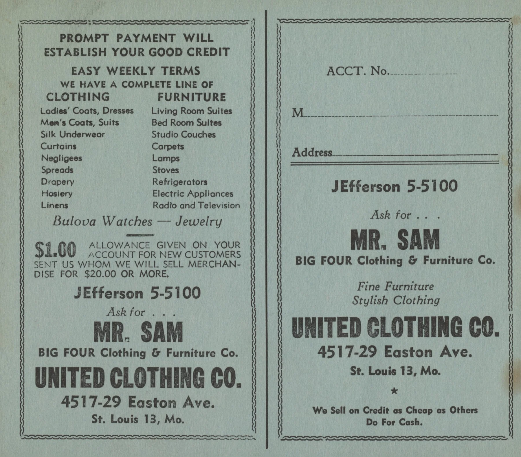 Account payment card for the United Clothing Co., 1950-1969, an archival visual related to When Did Credit Cards Begin.