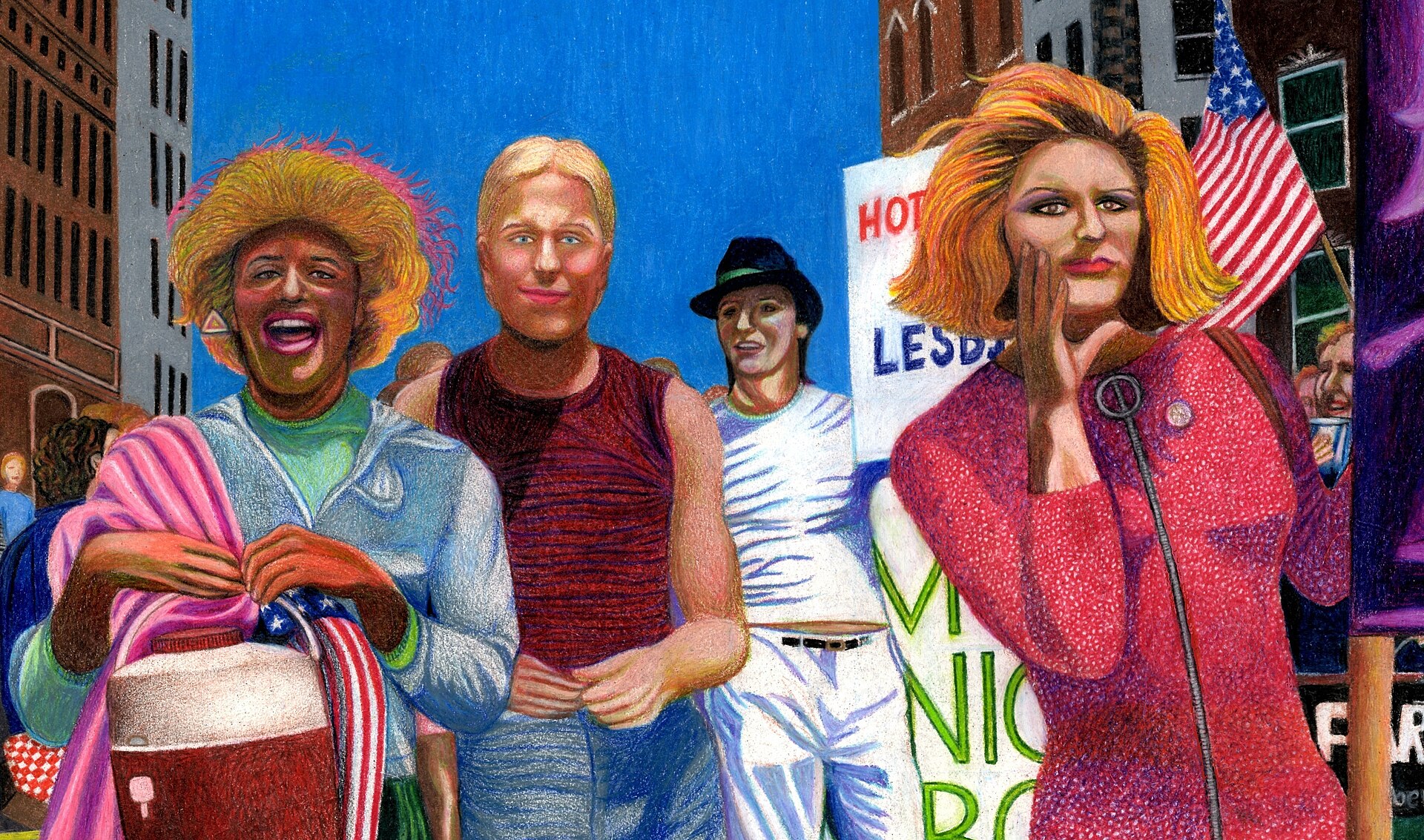 Illustration of Marsha P. Johnson, Joseph Ratanski and Sylvia Rivera at the 1973 New York Pride March.