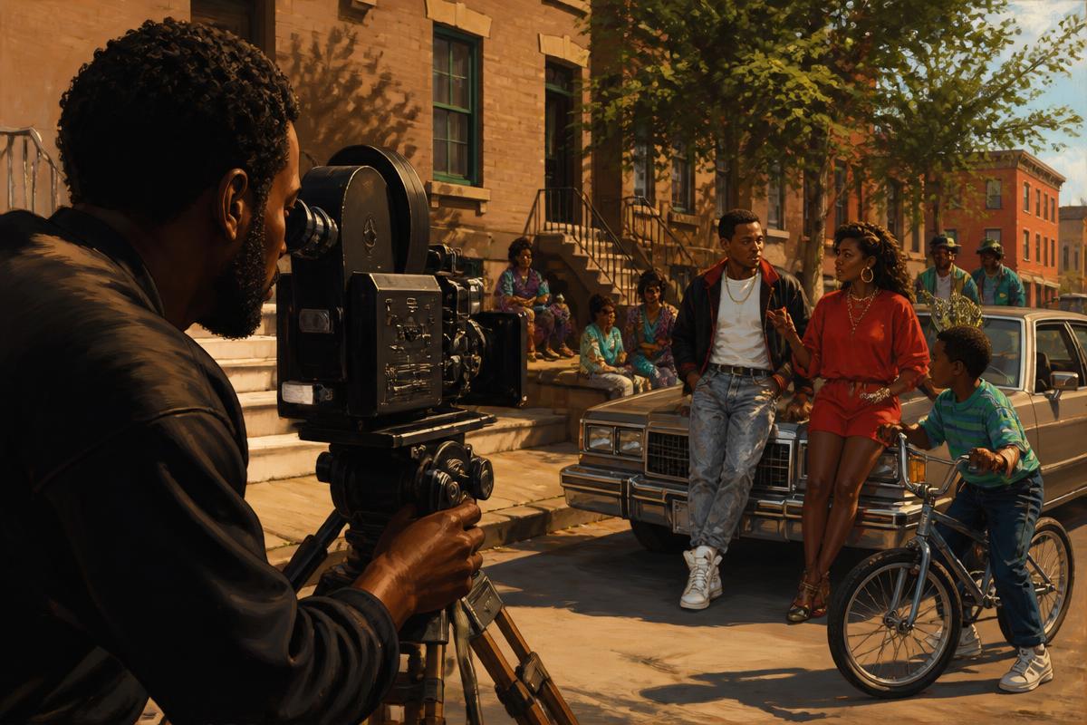 Original editorial illustration of Black cinematic authorship in an urban community.