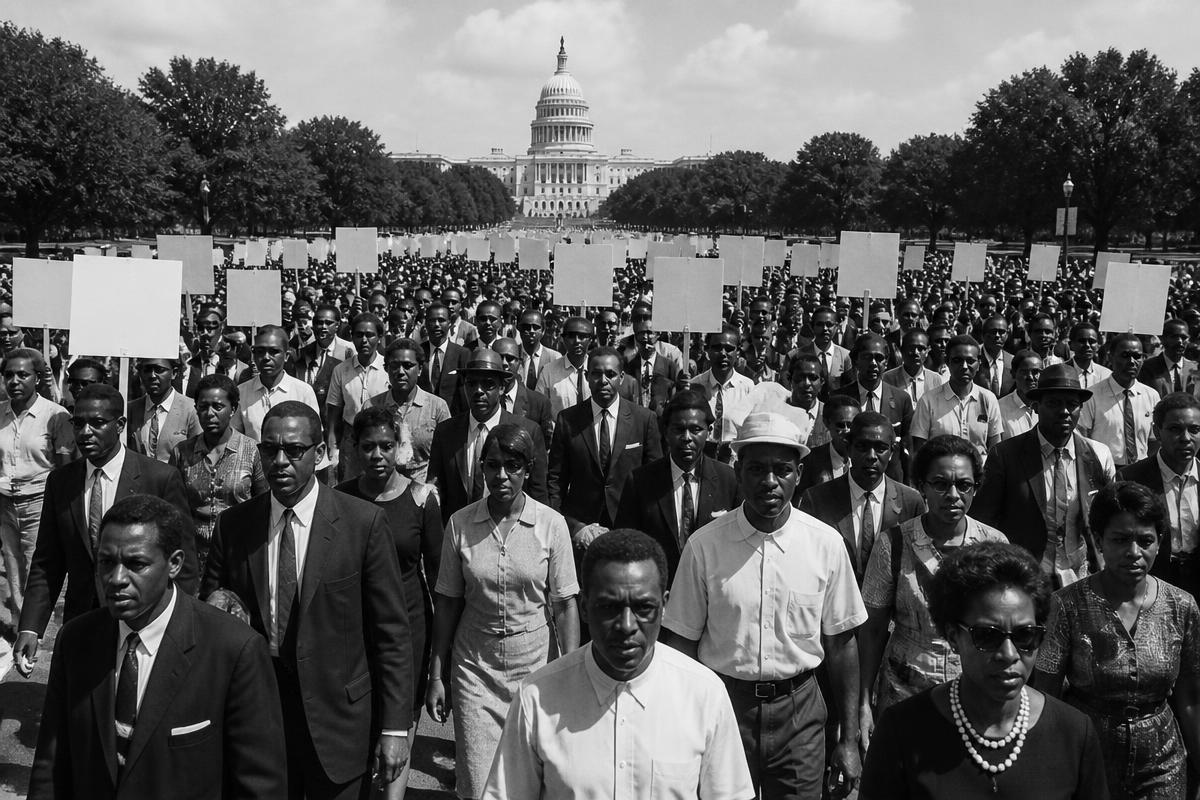 Original editorial illustration of a 1960s United States civil rights march.