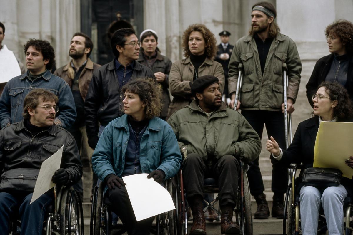 Original editorial illustration of disability-rights activists demonstrating for accessibility.