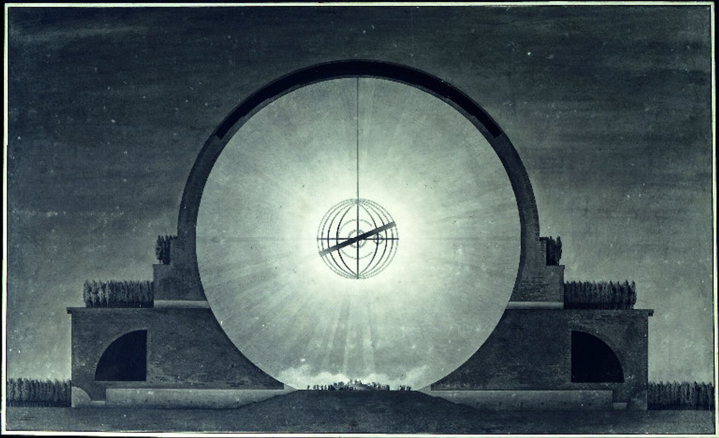 Section drawing of Étienne-Louis Boullée’s visionary Cenotaph for Newton.