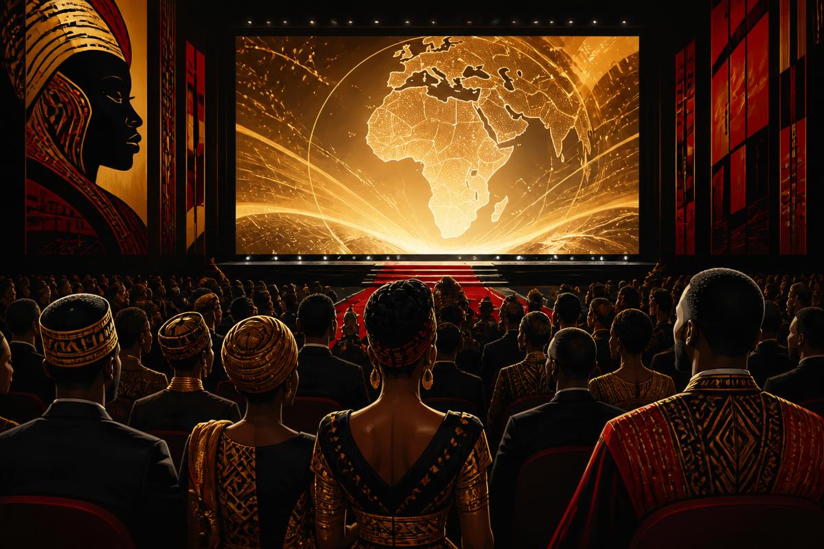 Original editorial illustration of Black representation as a global cinema event.