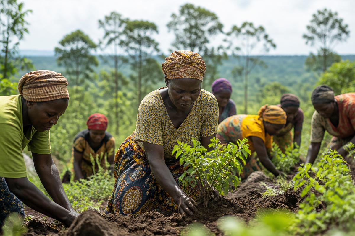 Original editorial illustration of Kenyan women planting trees together.