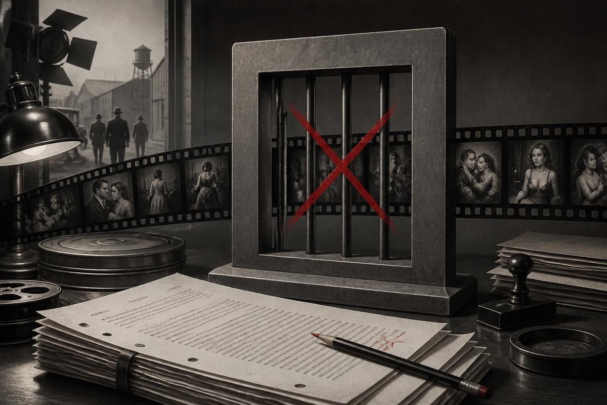 Original editorial illustration of Hollywood production-code censorship.