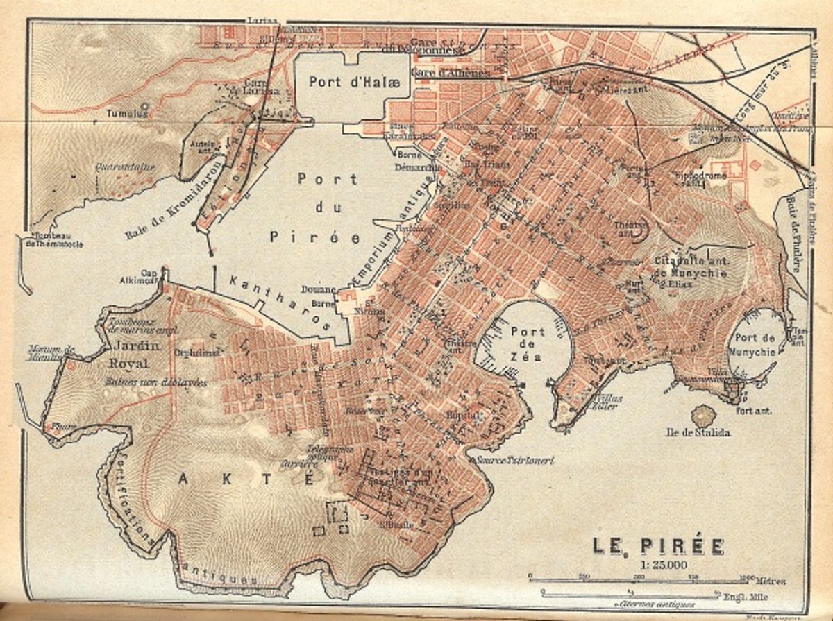 Early twentieth-century map of Piraeus showing the grid plan associated with Hippodamus of Miletus.