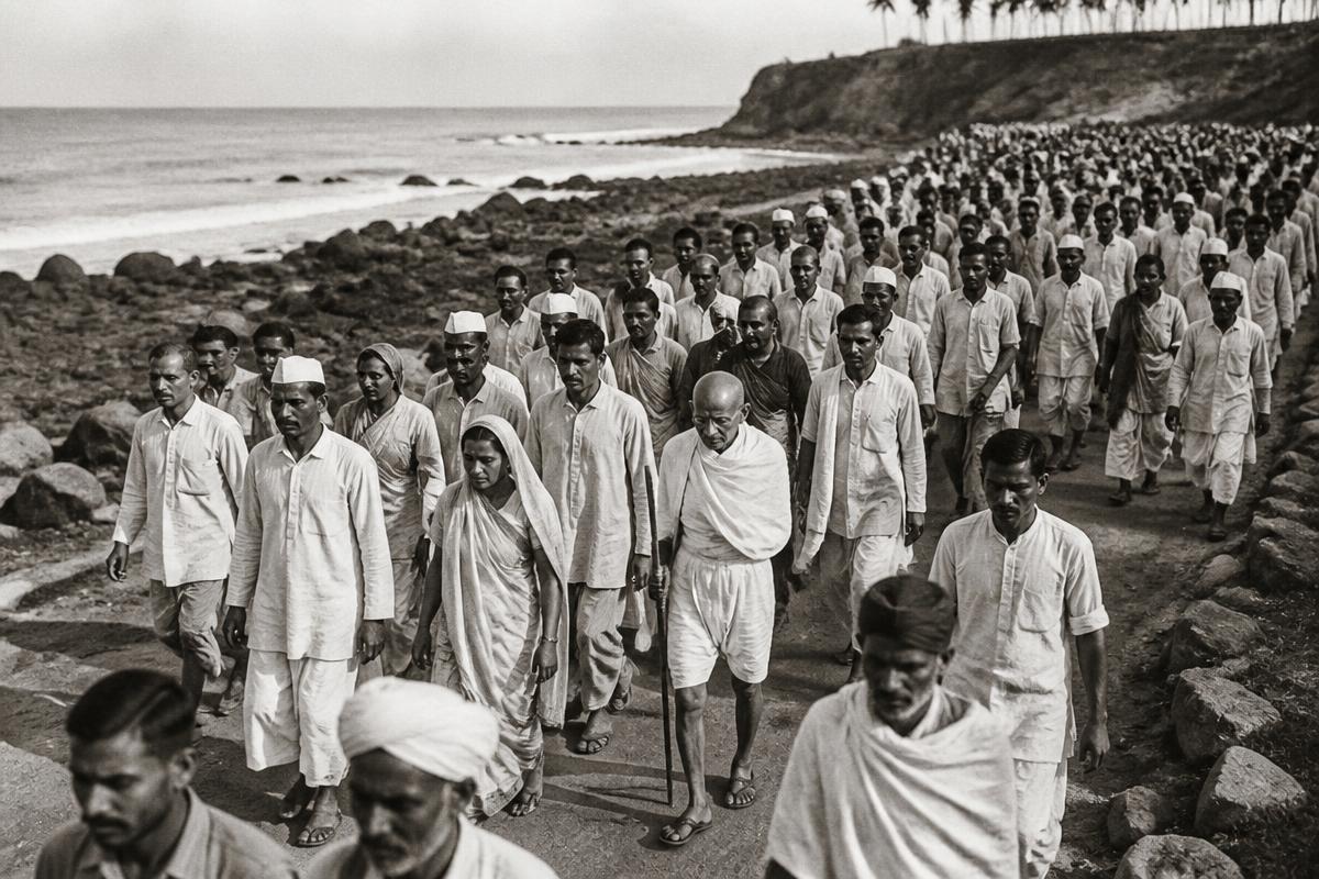 Original editorial illustration of the 1930 Salt March in India.
