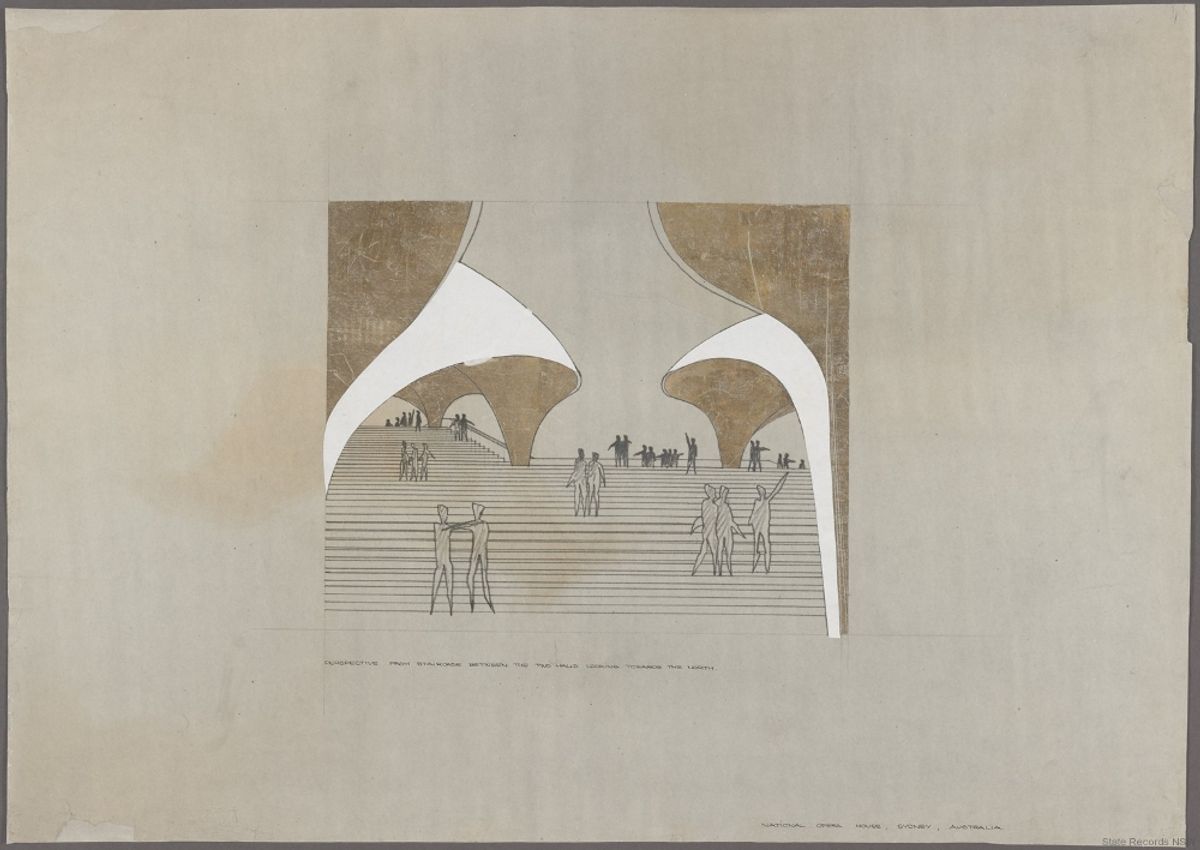 Archival drawings by Jørn Utzon for the Sydney Opera House competition design.