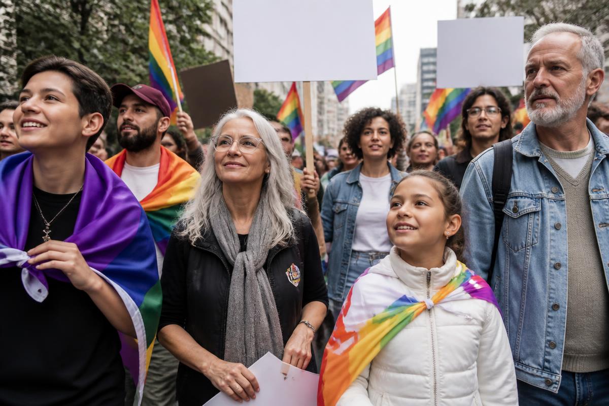 Original editorial illustration of an intergenerational LGBTQ+ rights march.