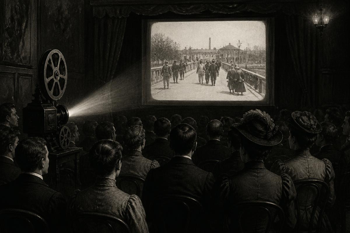 Original editorial illustration of an 1895 public cinema screening in Paris.