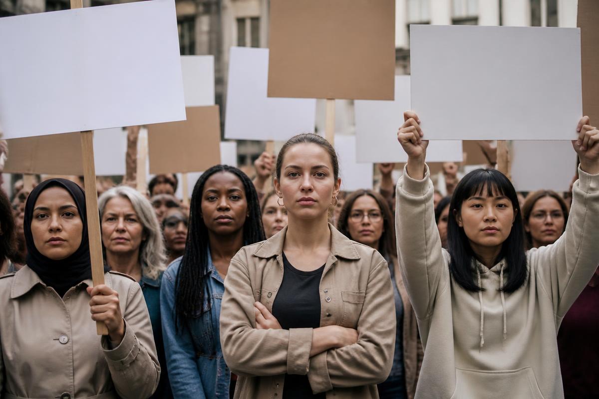 Original editorial illustration of a global anti-harassment demonstration.
