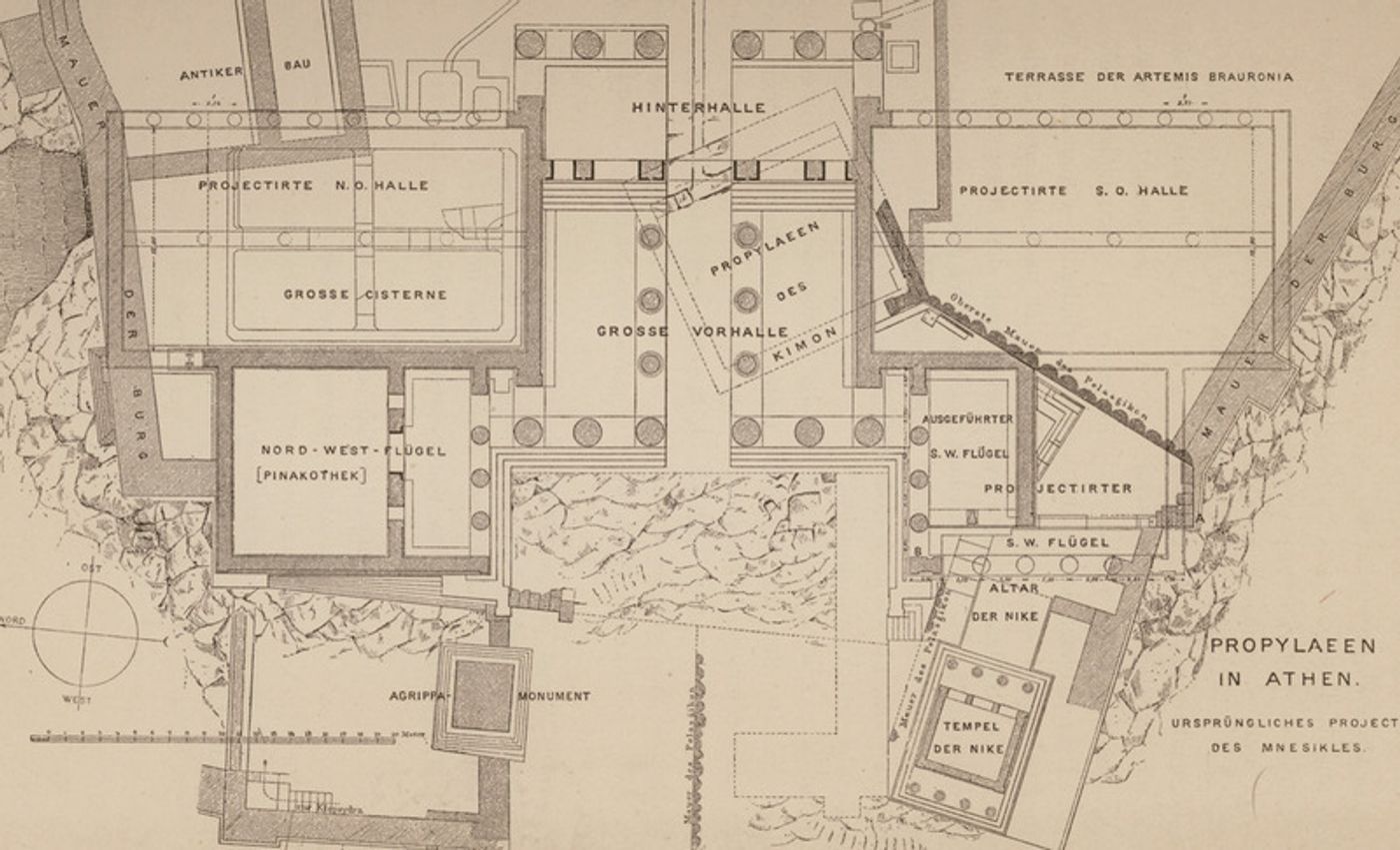 Historical reconstruction drawing of Mnesicles’ original design for the Propylaea of the Athenian Acropolis.