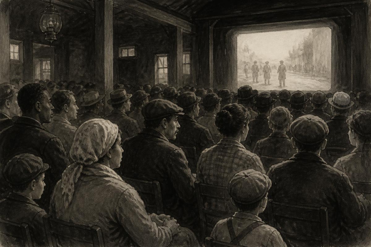 Original editorial illustration of an early twentieth-century nickelodeon audience.