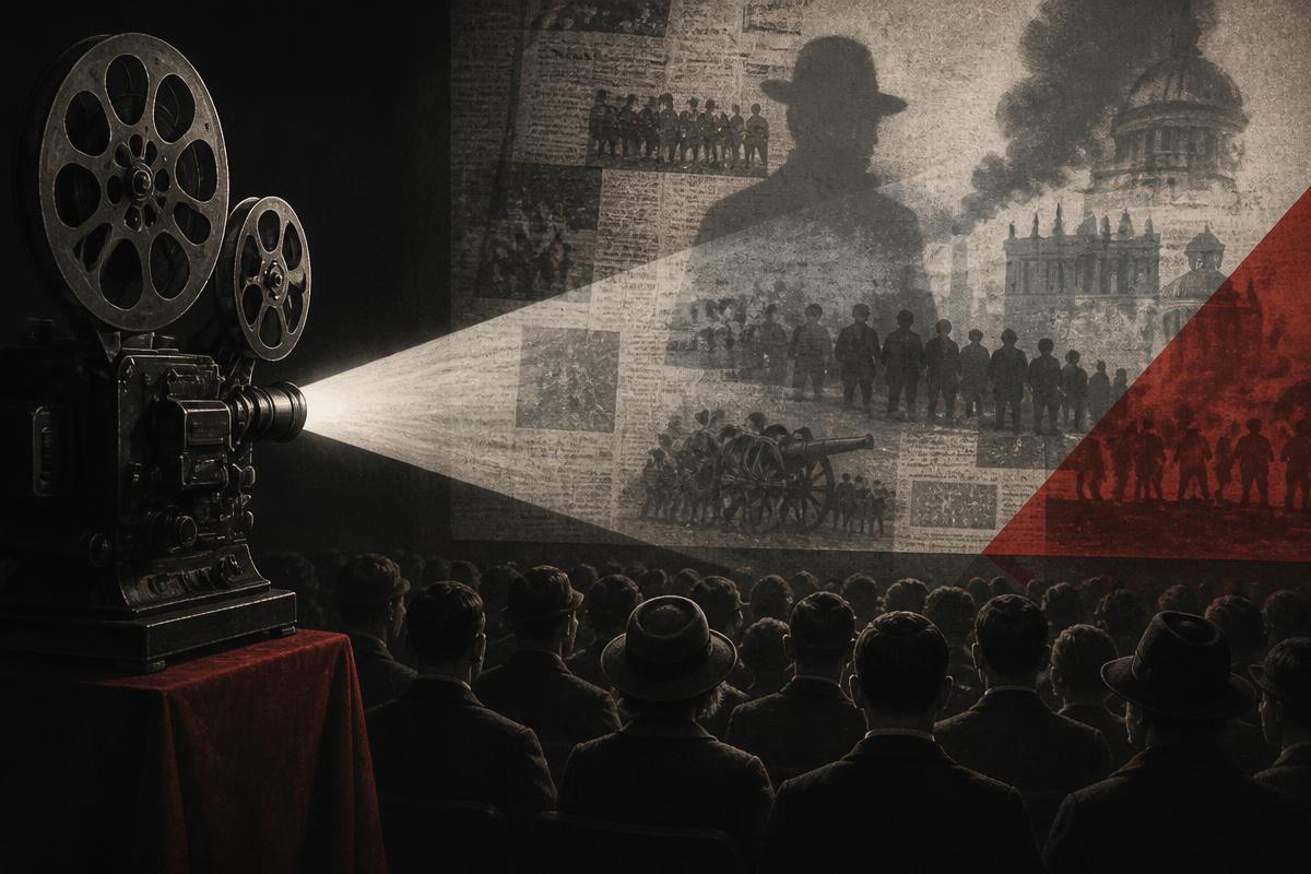 Original editorial illustration about cinema’s power to shape public belief; no racist imagery is reproduced.